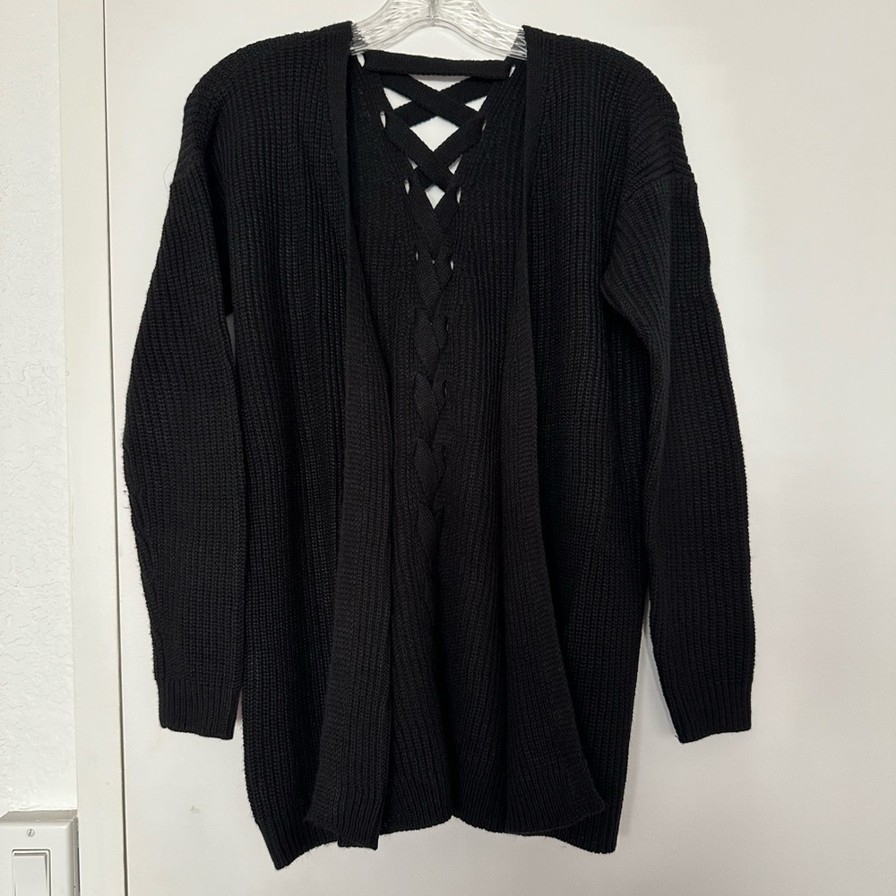 Hippie Rose Black Lace-Up Detail Knit Cardigan, XS